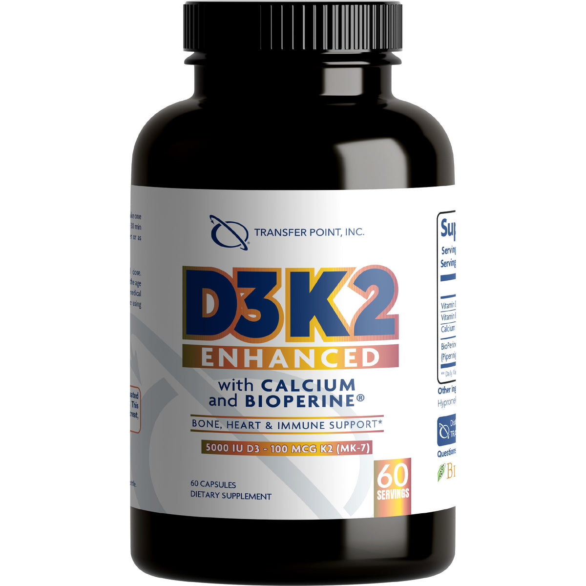 D3K2 Enhanced with Calcium and BioPerine®, 60 capsules